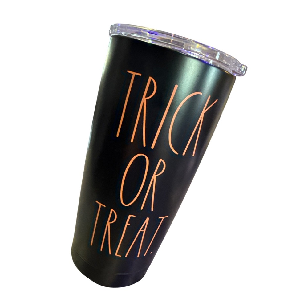 Rae Dunn Trick or Treat Halloween Stainless Steel Tumbler Matte Black Orange 7in